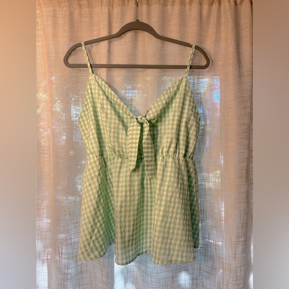 Checkered Green and White Tank Top with Bow. Stretchy material. - Picture 1 of 11